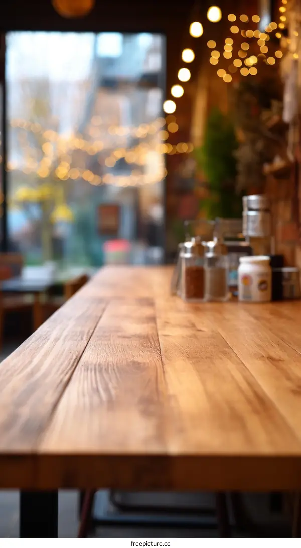 An Empty Wooden Table in a Cafe with a Bokeh Background