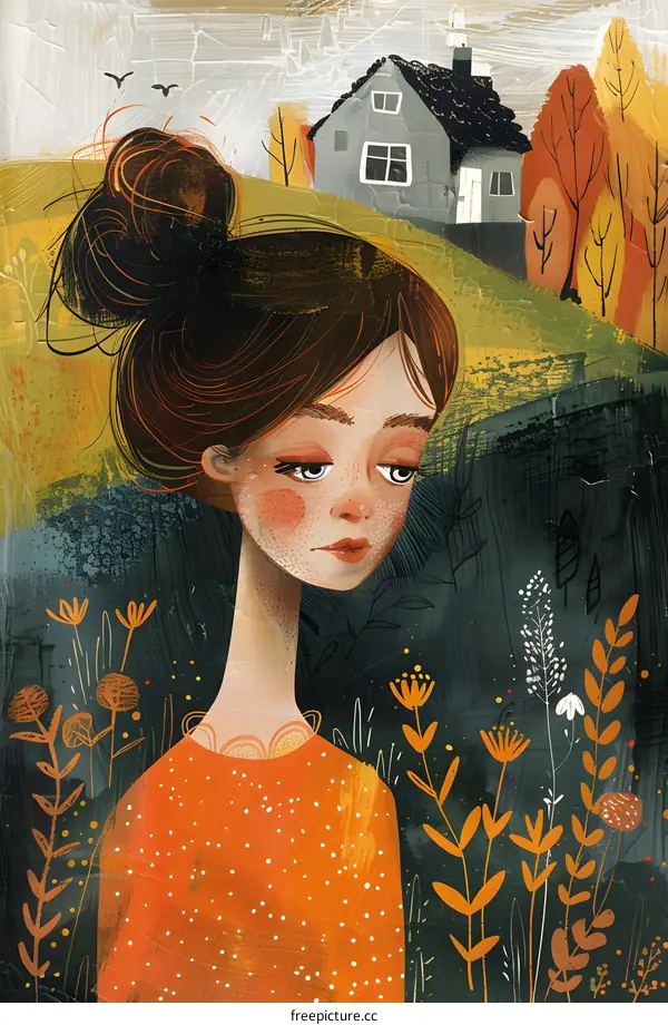 Autumn Illustration of a Woman with a House in the Background