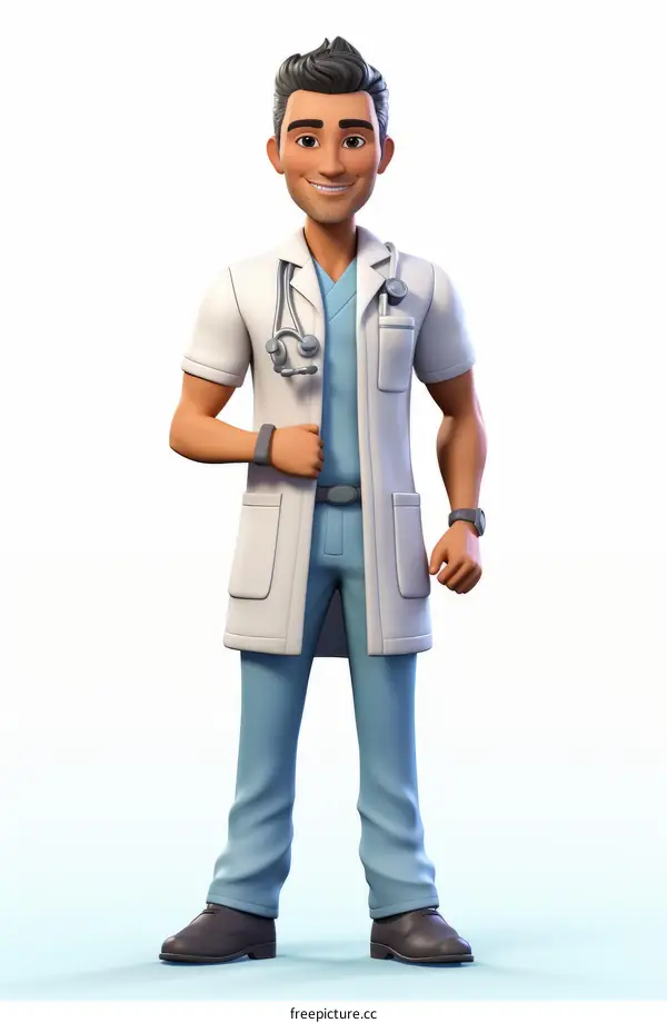 Hispanic male doctor wearing white coat and scrubs