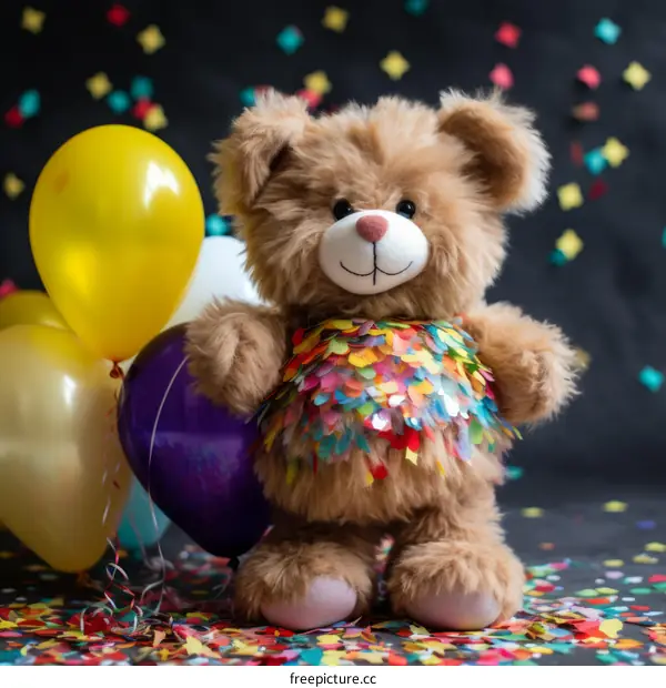 A cute teddy bear stands amid colorful confetti and balloons