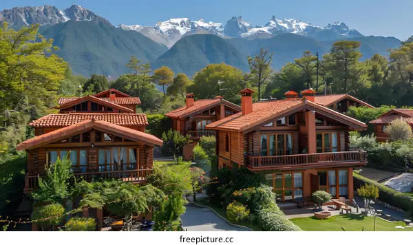 Log cabins nestled in a forest setting with a snow capped mountain range in the background