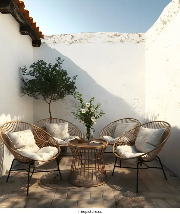 Minimalist Patio Design with Wicker Chairs and a Small Table