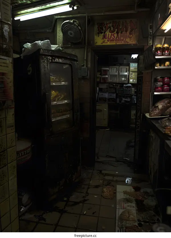 Old Dirty Kitchen With Rusty Fridge and Pizza on the Floor
