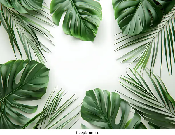 Green Tropical Leaves Frame On White Background