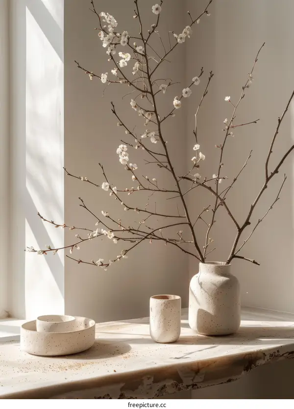 Still life with vase and blossoming cherry branch