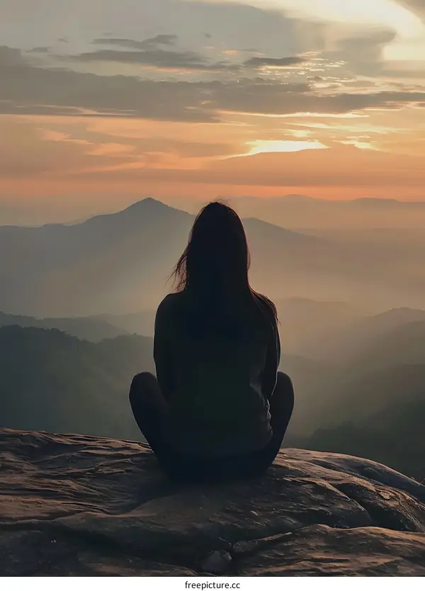 Woman Sitting on a Mountaintop at Sunset