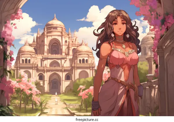 An illustration of a brown-skinned woman in a pink and white outfit standing in front of a large building with pink flowers in the foreground