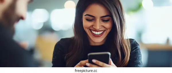 Smiling Woman Using Smartphone in Office