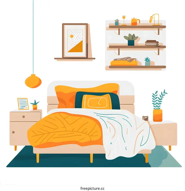 Modern Bedroom Interior Design with Yellow and Teal Color Scheme