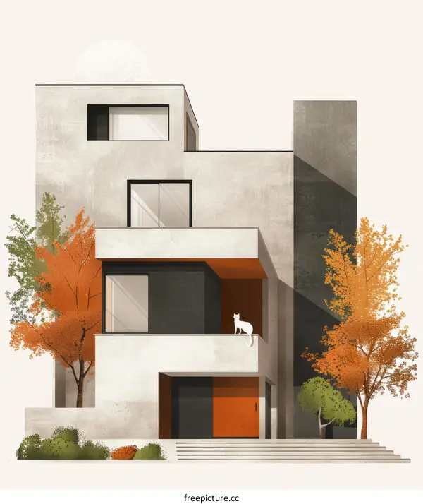 Modernist House with a White Cat on the Balcony