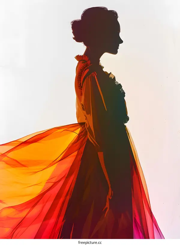 An illustration of a woman in a long dress with a flowing skirt, with her hair in a bun, facing left, in silhouette.
