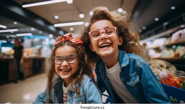 Two Little Girls with Glasses Smiling in a Supermarket