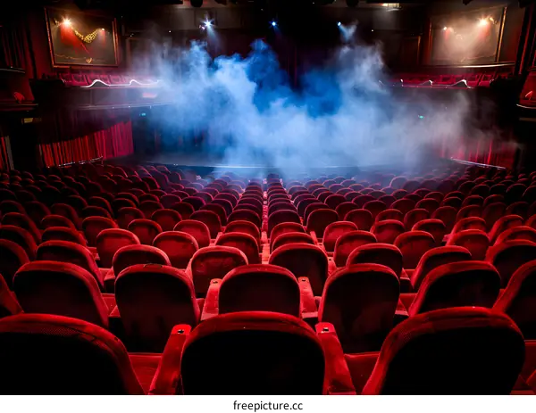 Empty Theater Seats with Stage Lights and Smoke