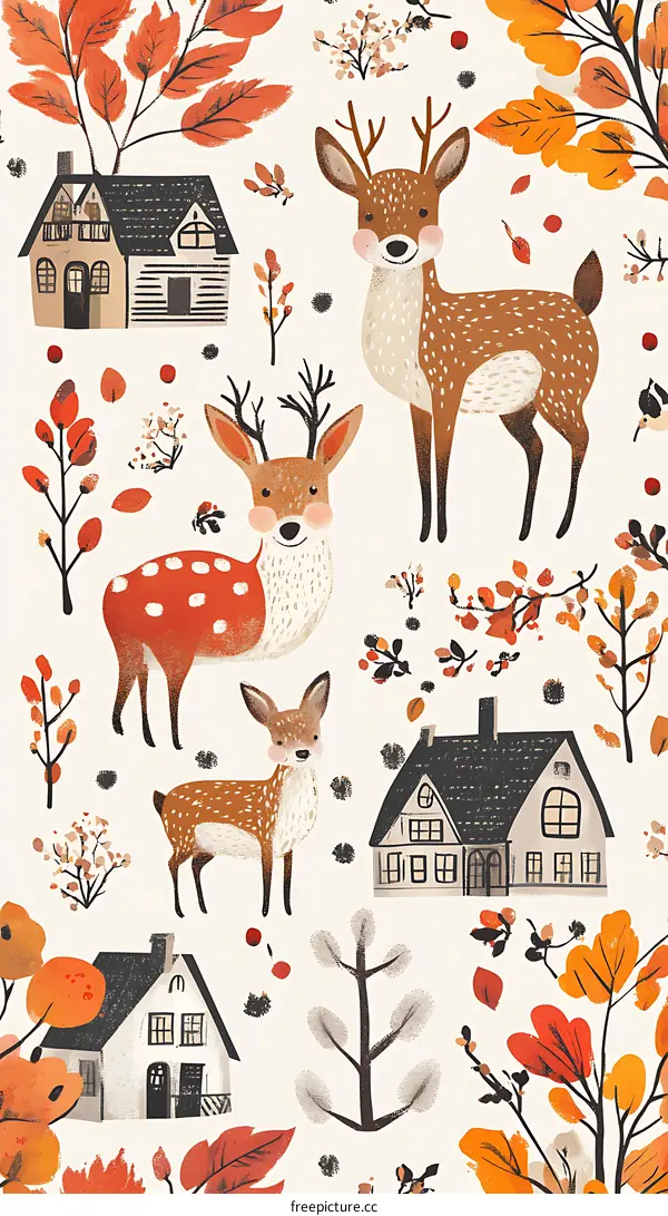 Cute Autumn Deer Illustration with Houses and Leaves