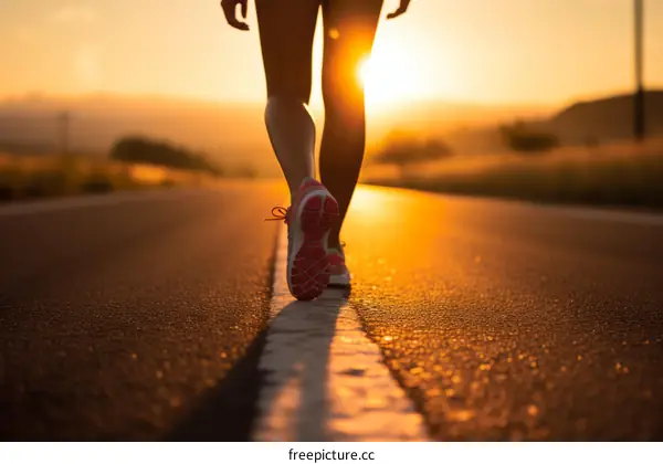 A woman is walking on a road at sunset