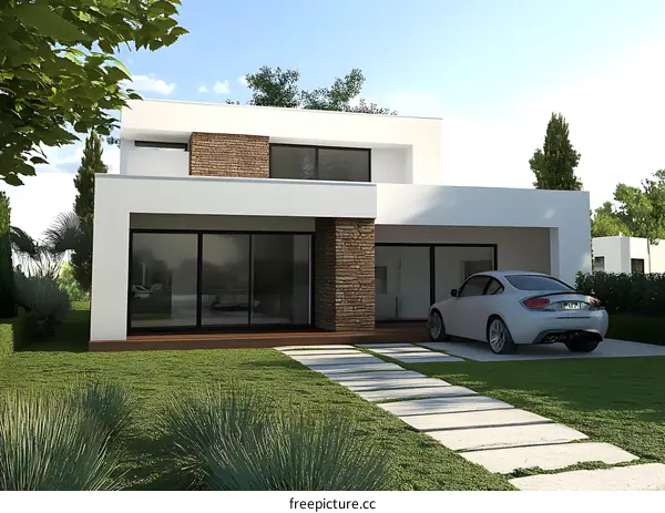 Modern White House with Stone Wall and Green Lawn