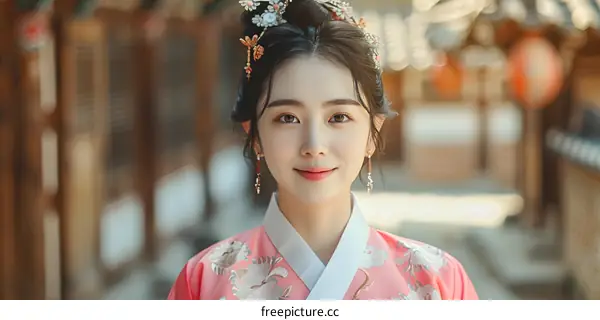 Portrait of a young woman in traditional Korean dress, or Hanbok