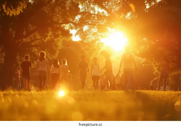 People walking in the park at sunset