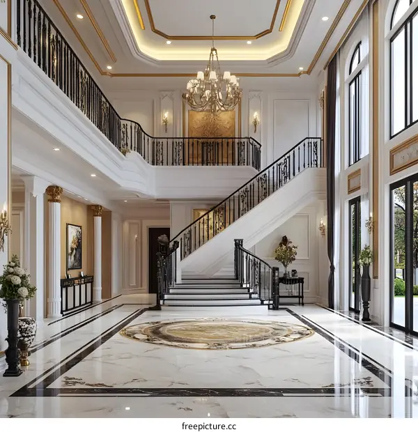 Luxury Modern White Marble Staircase With Chandelier