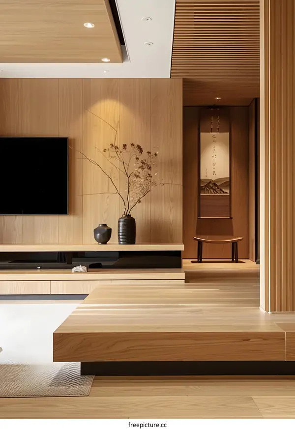 Modern Japanese Style Living Room Interior Design with Wood Walls and Ceiling