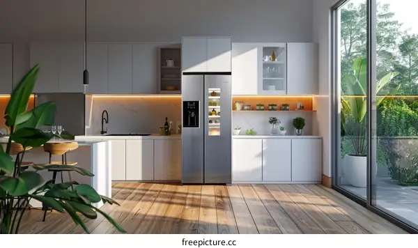 Modern kitchen interior design with stainless steel refrigerator
