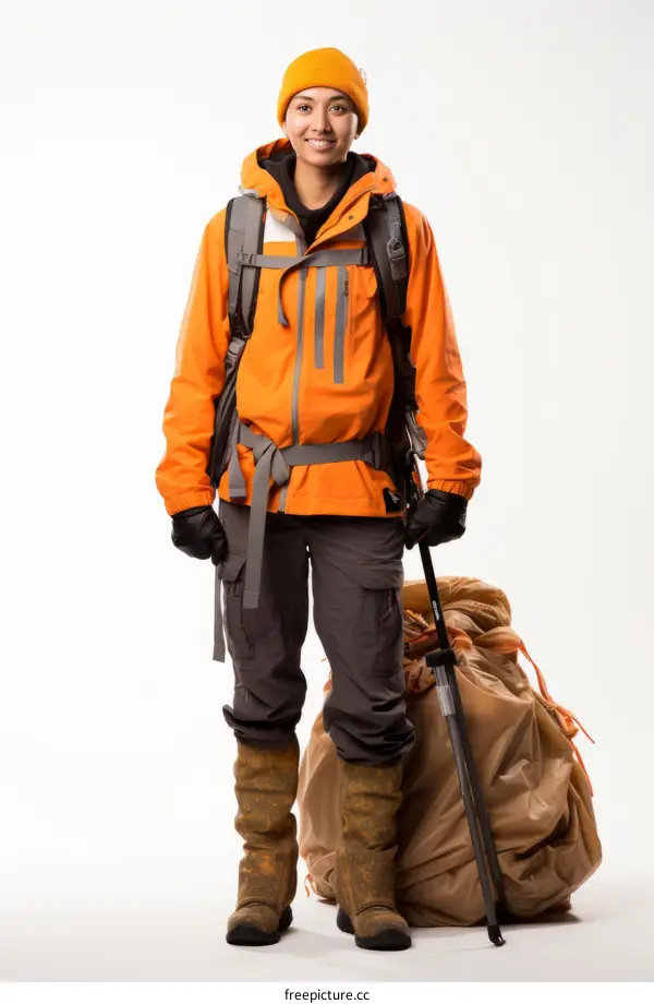 Image of a woman wearing an orange jacket and a backpack