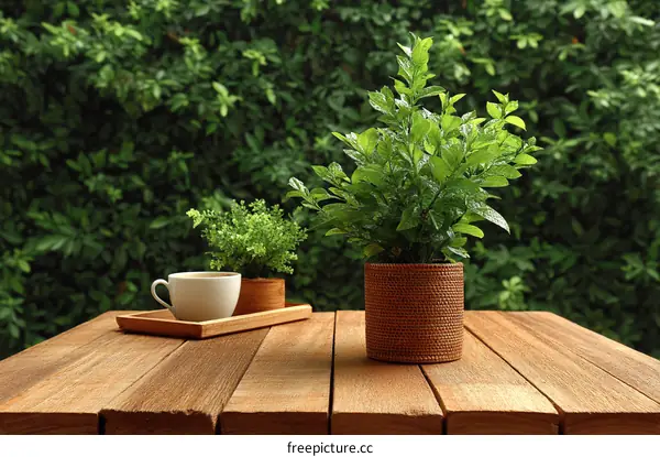 Outdoor Wooden Table with Plants and Coffee Cup