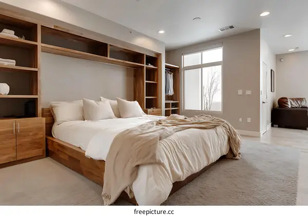 Modern Wooden Bedroom with Built-in Shelving