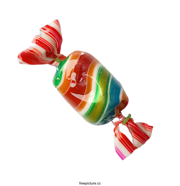 [Transparent Background PNG]Rainbow Swirl Hard Candy Wrapped in Red and White Striped Paper