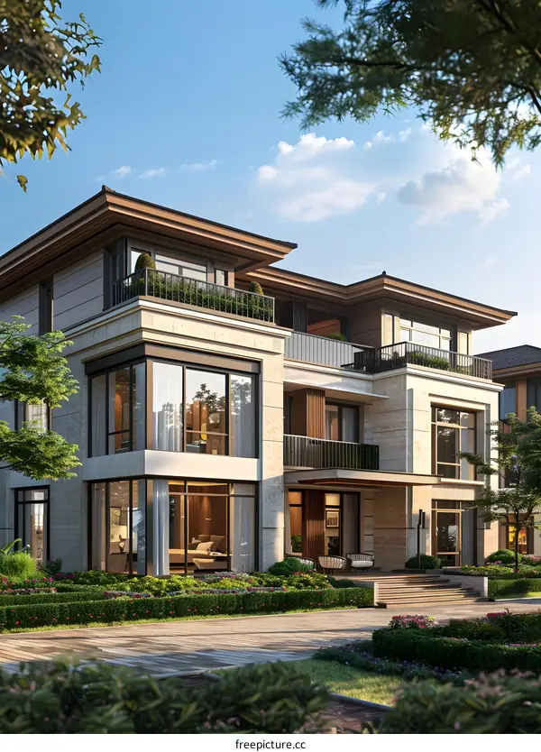 A modern two-story house with a beautiful yard