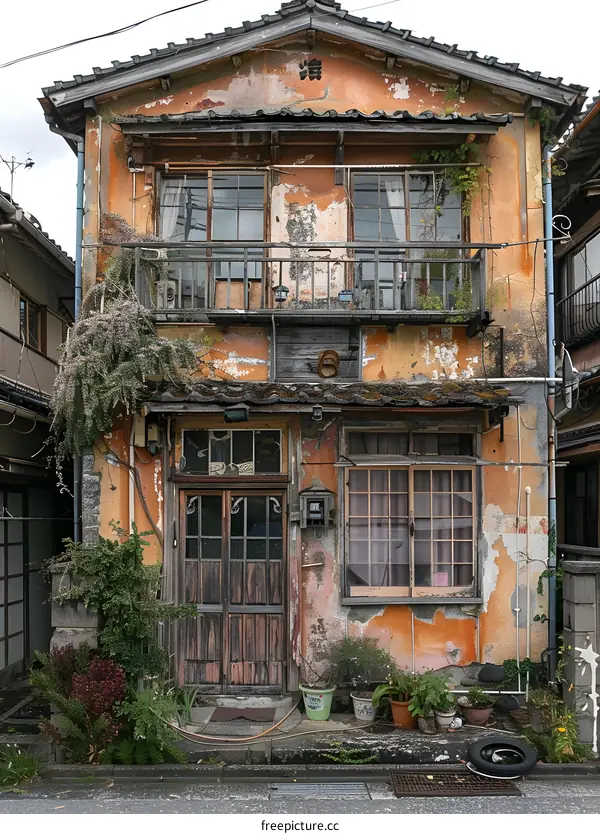 Old Japanese House with Peeling Paint and Plants