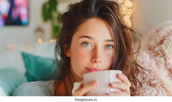 Young Woman Enjoying Coffee in Cozy Home