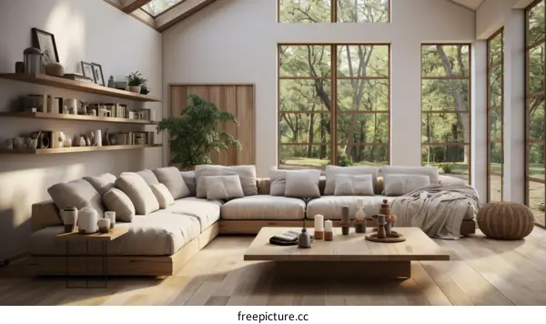 Airy and bright living room with large windows and a comfortable sofa