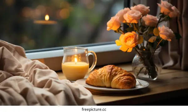 Cozy Still Life with Croissant, Flowers, and Candle