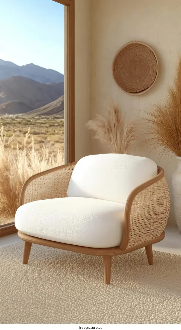 Modern Minimalist Wooden Armchair in a Desert Landscape