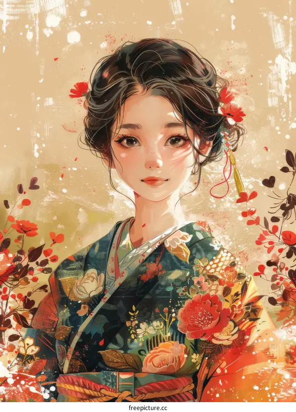 An illustration of a young woman in a kimono with red and pink flowers in her hair and a traditional Japanese hairpin.