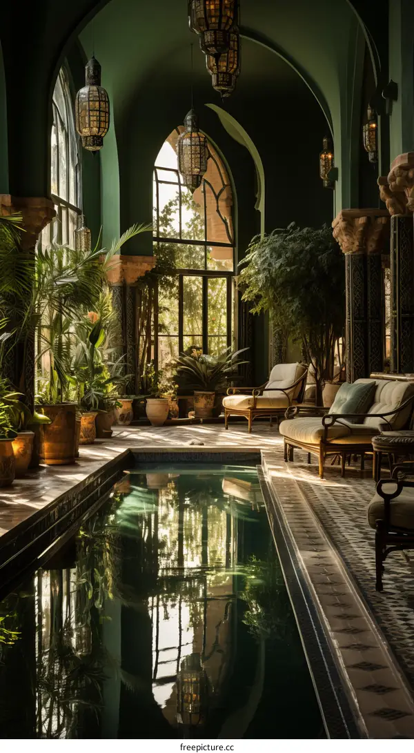Luxury Indoor Swimming Pool with Green Walls and Natural Sunlight