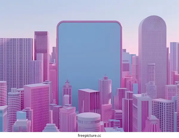 Pink Cityscape with a Large Blank Phone Screen in the Center