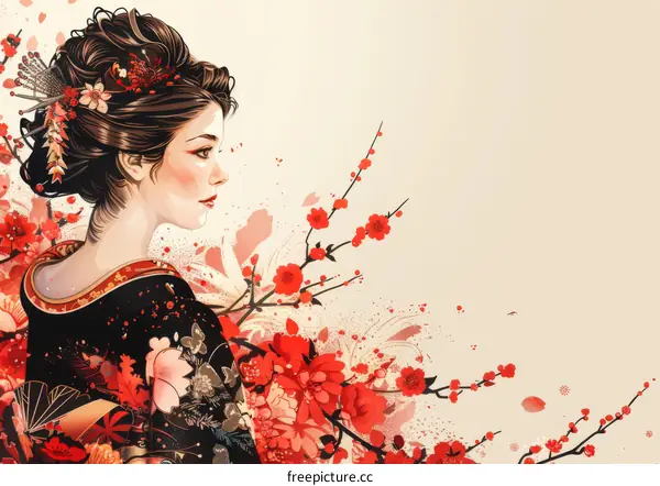 An illustration of a Japanese woman in a kimono with red and pink flowers in her hair and a red and white kimono with a floral pattern.