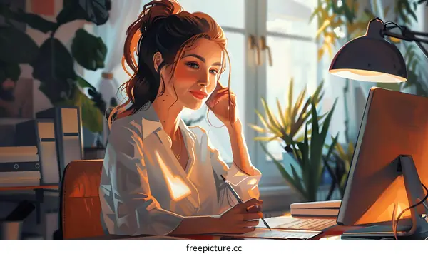 A woman is sitting at her desk working on her computer.