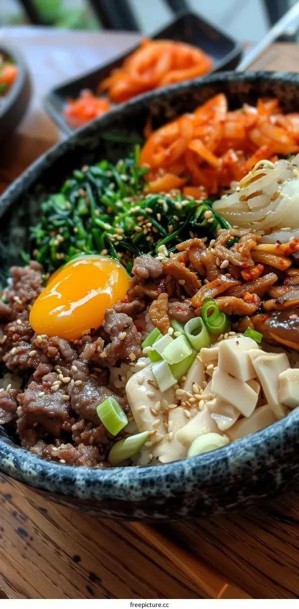 Korean bibimbap with egg, vegetables, and beef