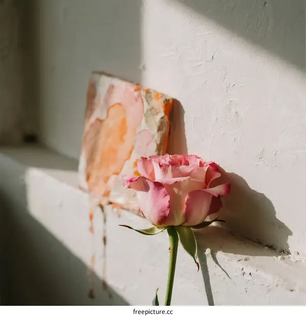 A Pink Rose Leaning Against a Textured White Wall with Abstract Art