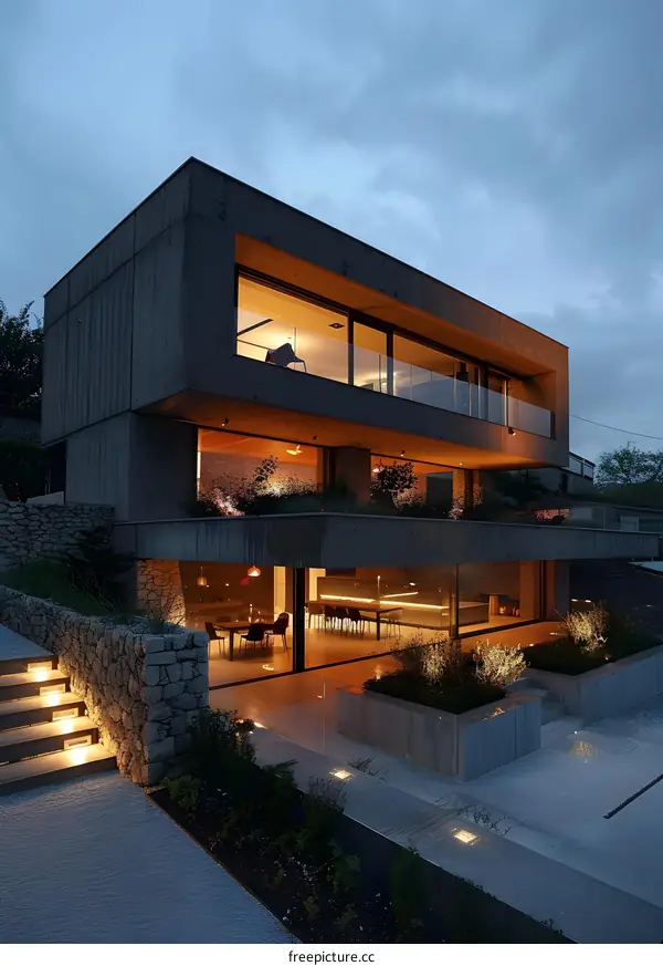 Modern Concrete House with Outdoor Lighting and Garden