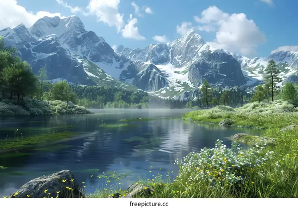 Serene Mountain Lake with Blooming Flowers