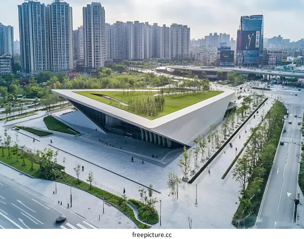 Modern Architecture Building Green Roof Aerial View