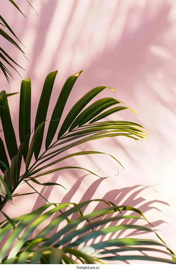 Palm Leaves and Shadows on Pink Wall