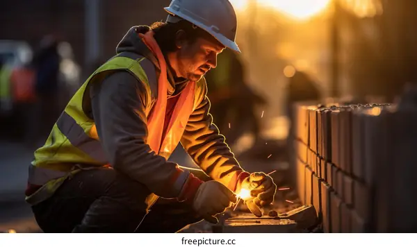 Construction worker using a grinder on a brick wall