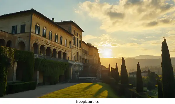 Italian Villa with Sunset Sky