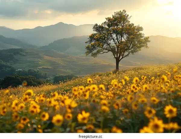 Lonely Tree on a Hillside Overlooking a Vast Field of Yellow Flowers
