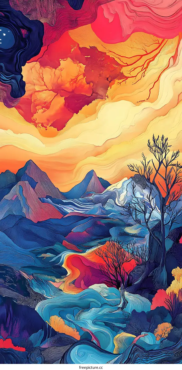 Abstract Landscape Painting with Bright Colors and Mountain